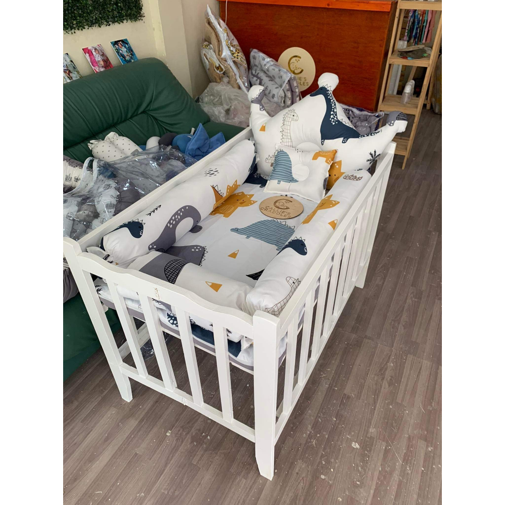 White adjustable crib with uratex and big bolster set | Shopee Philippines