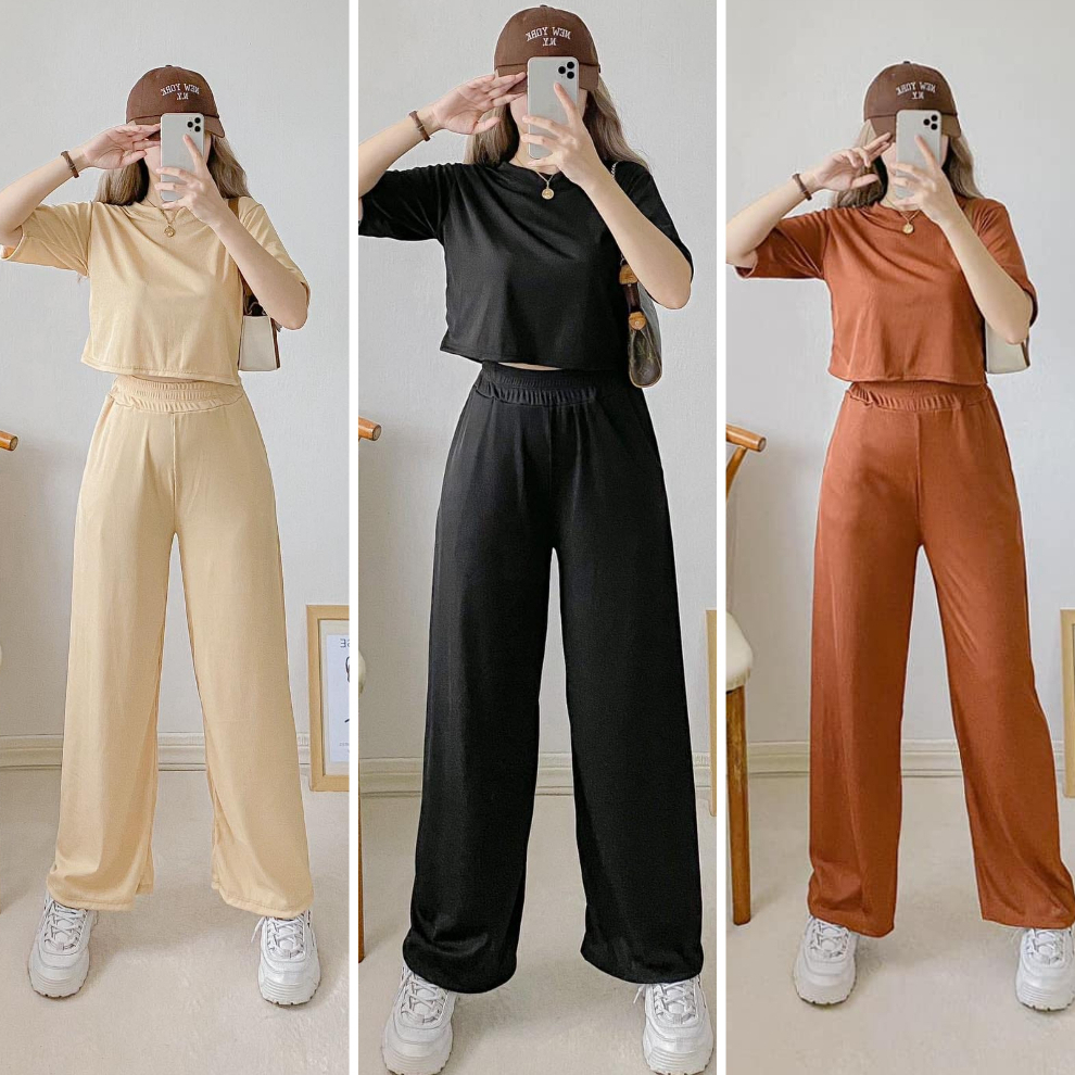 LOOSE CROPTOP WIDE LEG PANTS TERNO FOR WOMAN ☘️ KNITTED SUMMER ...