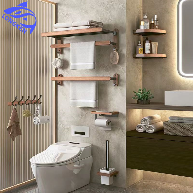 LONGKEN Wooden bathroom rack bathroom storage rack free hole solid wood