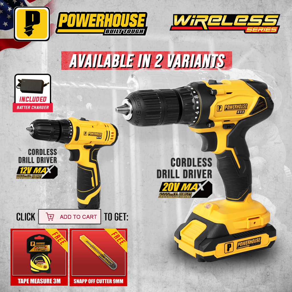 POWERHOUSE Portable Cordless Drill Driver 12V 1.5Ah/ 20V 2.0Ah LiIon w