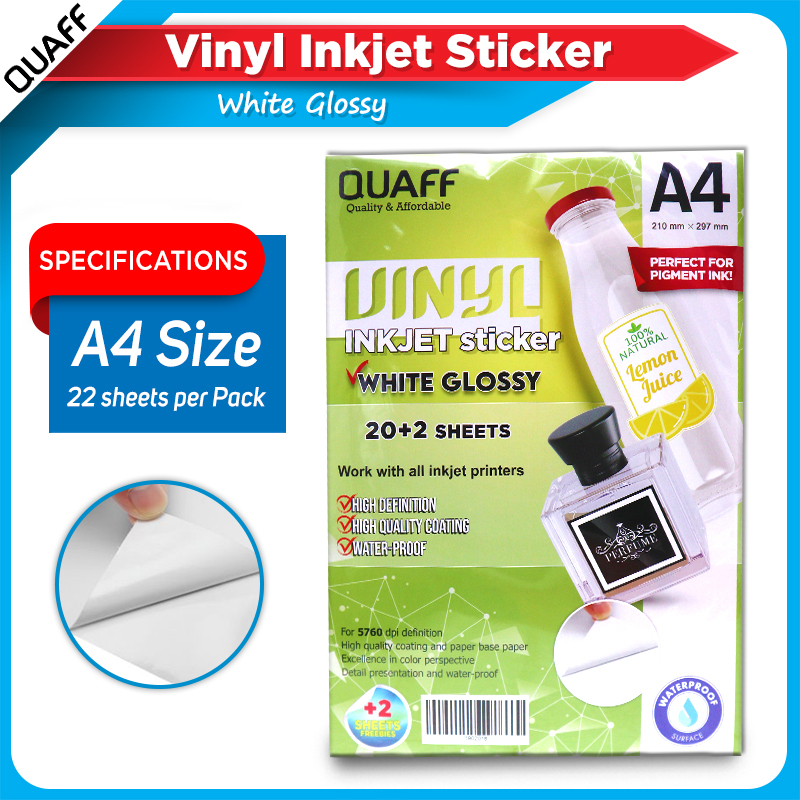 QUAFF (Waterproof) Vinyl Inkjet Sticker A4 White glossy (20sheets ...