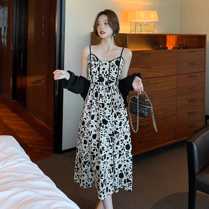 korean midi floral dress for woman casual formal dress plus size dress below the knee dress