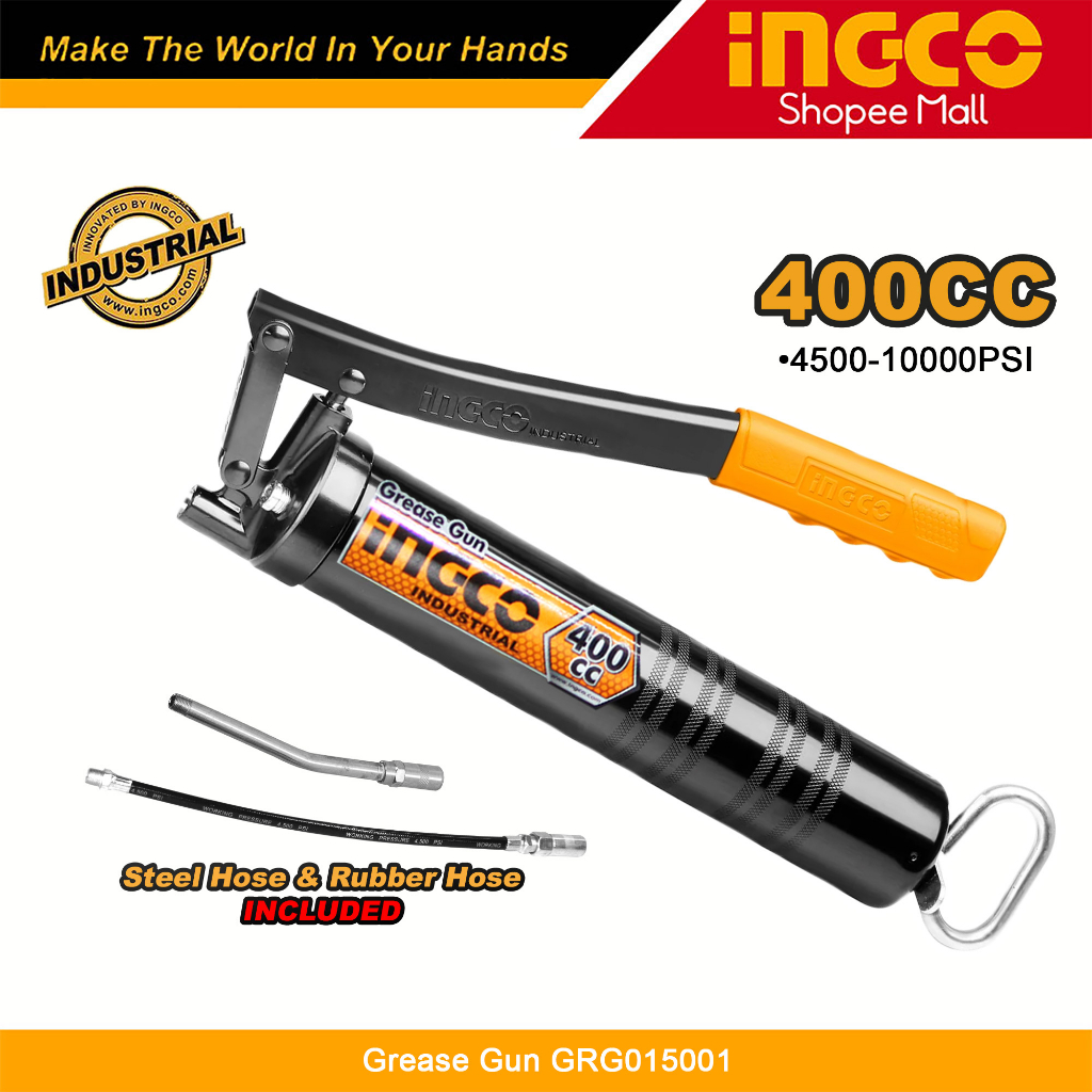 INGCO Steel Tube Grease Gun 400CC Aluminum Cast Metallic Bend Spout ...