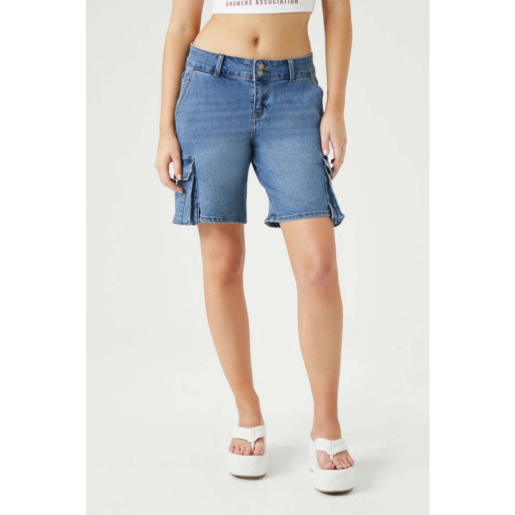 Forever 21 Women's Baggy Denim Cargo Bermuda Shorts Shopee Philippines