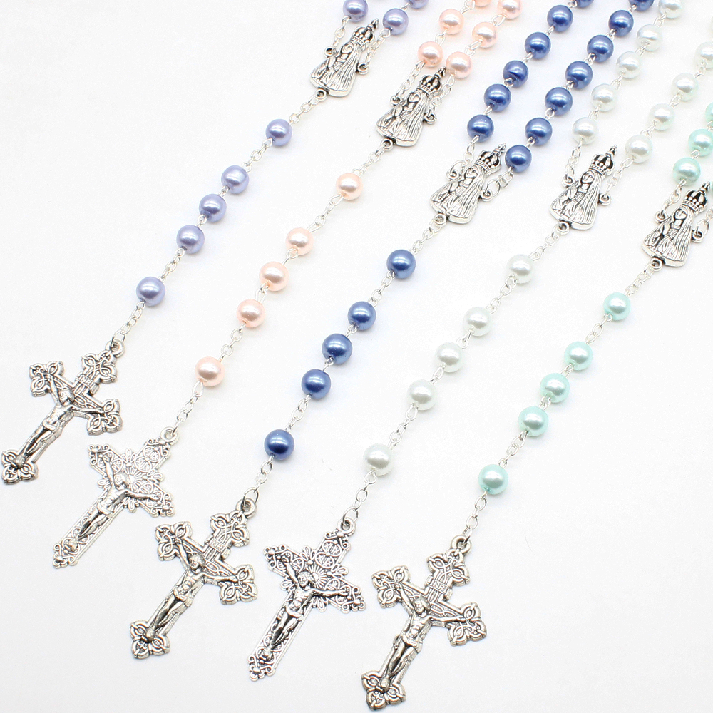 S For Women KOMI 6mm Pearl Rosary Necklace Catholic Prayer Beads