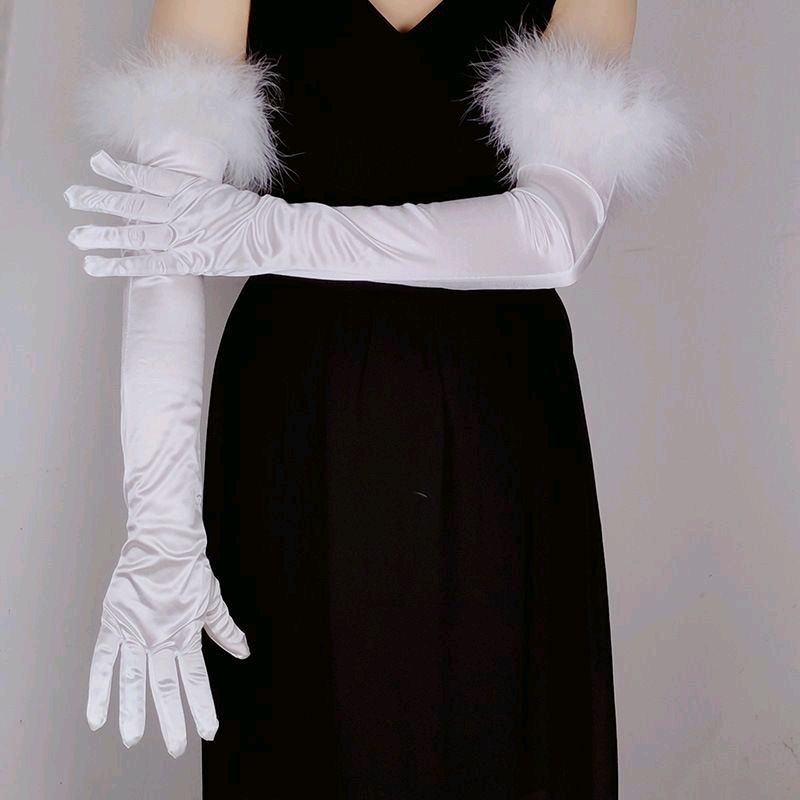 Satin Over Elbow Gloves Classic Women Fuzzy Feather Wedding Opera Stretch Satin Finger Long 0800