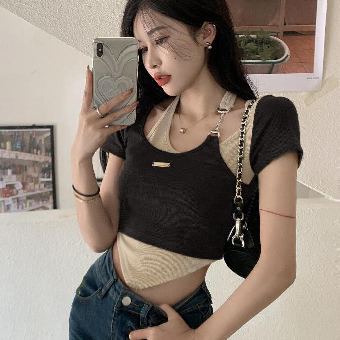 Ecokauer women Crop Top Fashion Fake two pieces Short Sleeve TShirt