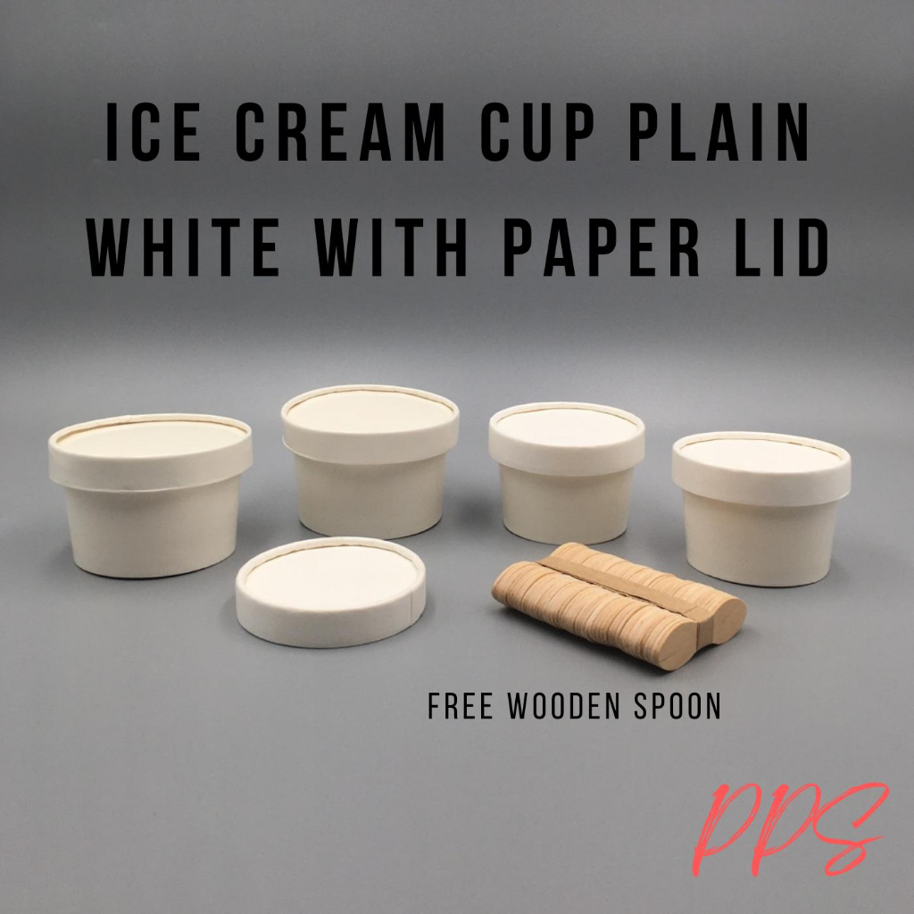 Ice Cream Cup Plain White with Paper Lid with wooden ice cream spoon