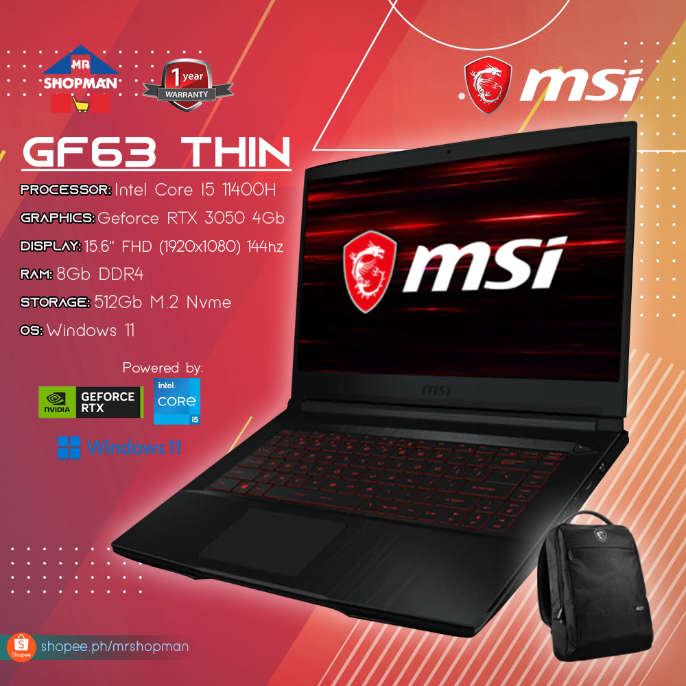 Msi GF63 THIN 11UC 1405PH Intel Core i511400H 15.6" 8GB RAM 512GB