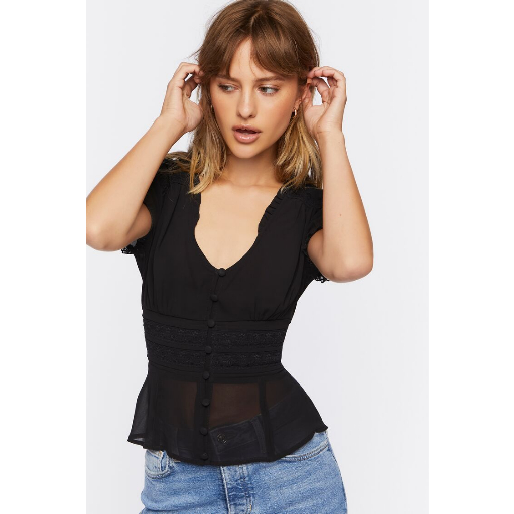 Forever 21 Women's Lace-Trim Flounce Top | Shopee Philippines