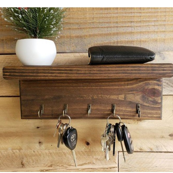 KHP Key Holder Solid Wood, Wooden Wall Mounted Hook With Shelf Keyrack ...