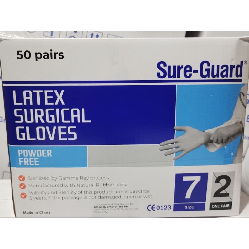 sterile Latex Surgical Gloves (sure guard) 50 pairs 1box Shopee