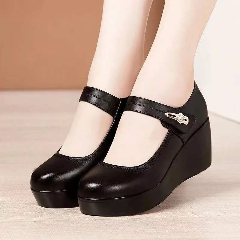 School Shoes Wedge Soft Bottom Shoes 2023 New Black Leather Shoes With ...
