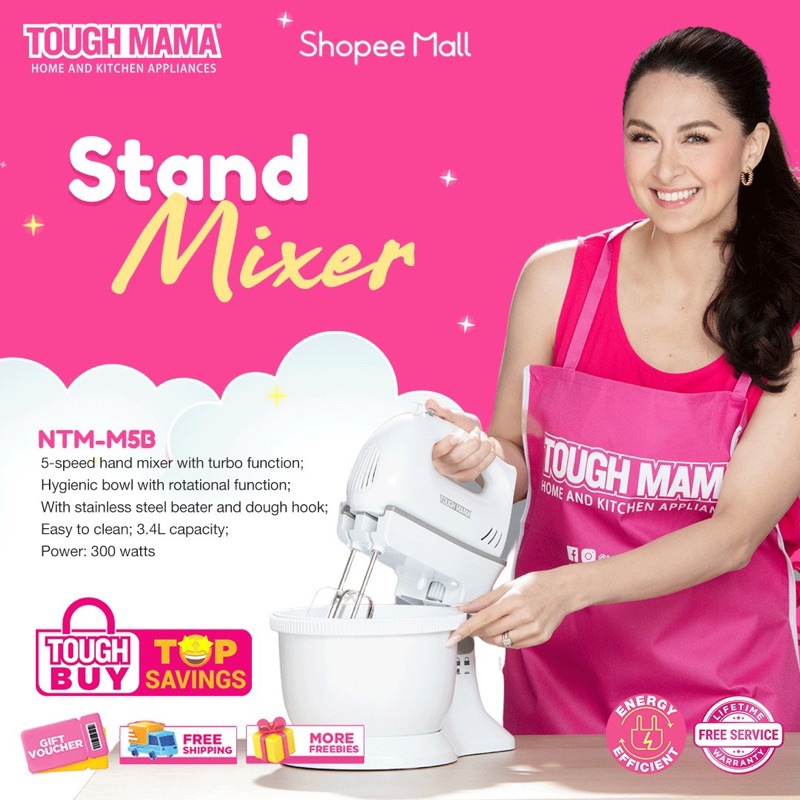Tough Mama NTMM5B Hand Mixer with 3.4L Bowl White Stand Mixer Rotating