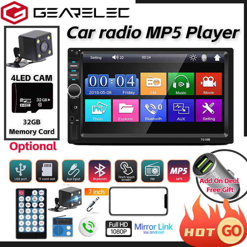 GEARELEC 7018B 2DIN Car Radio Head Unit Bluetooth Hands Free AUXInput
