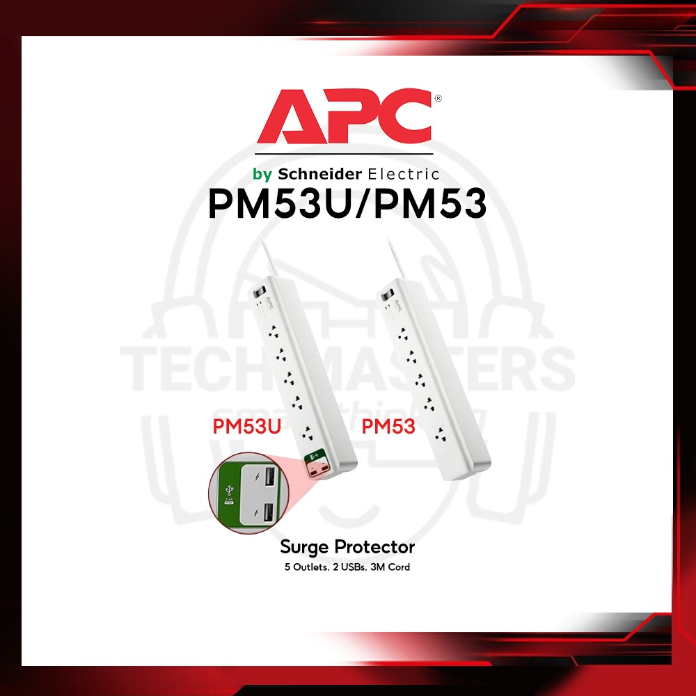 APC Surge Protector (5 Outlets, 2 2.4A USB Ports, 3M Extension Cord