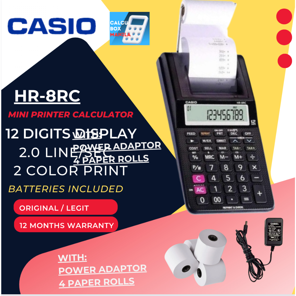 CASIO HR8RC MINI PRINTER CALCULATOR WITH BUNDLED POWER ADAPTOR AND 4