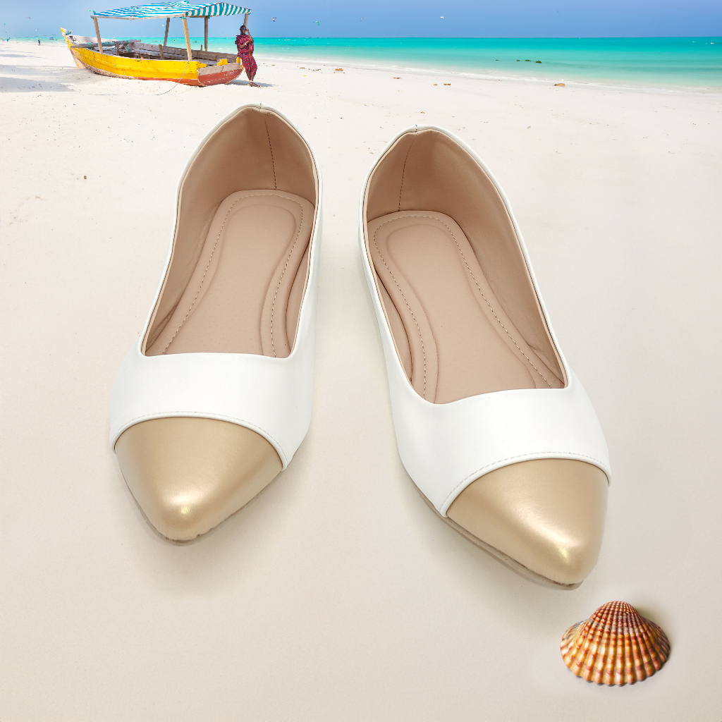 R&A225 Flat Pointed Toe in Vegan Leather Doll Shoes with Light Gold Toe ...