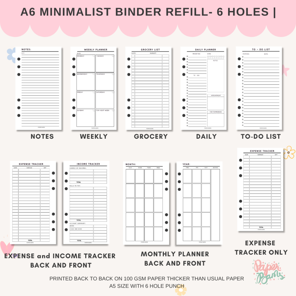 A6 Binder Refill for 6 holes binder A6 Loose Leaf Refill for Binder