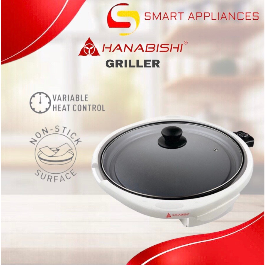 Hanabishi Electric Griller Nonstick HGRILL100 Round with Glass Lid by