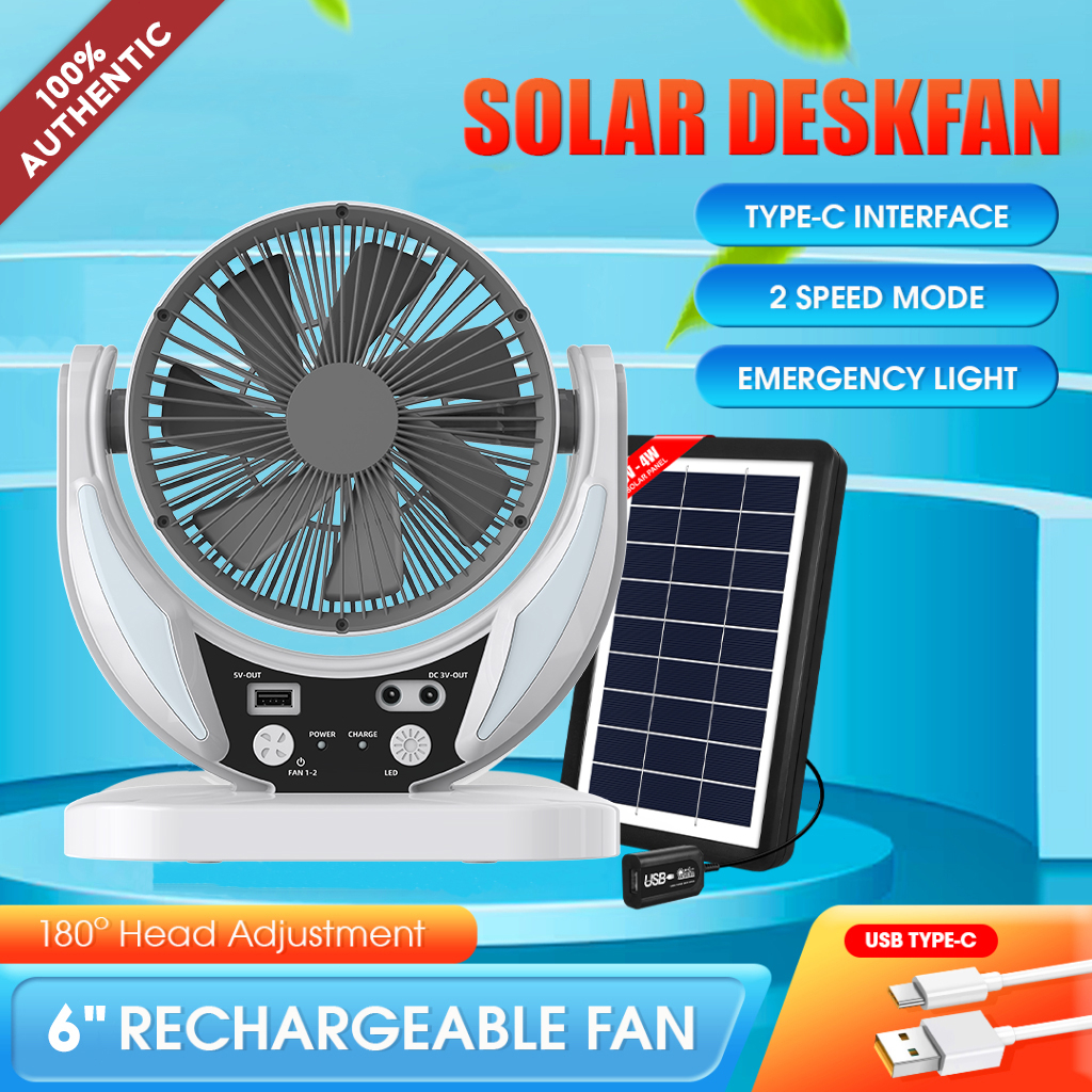 6" Solar Desk Fan Rechargeable Portable Square Fan with LED Light and