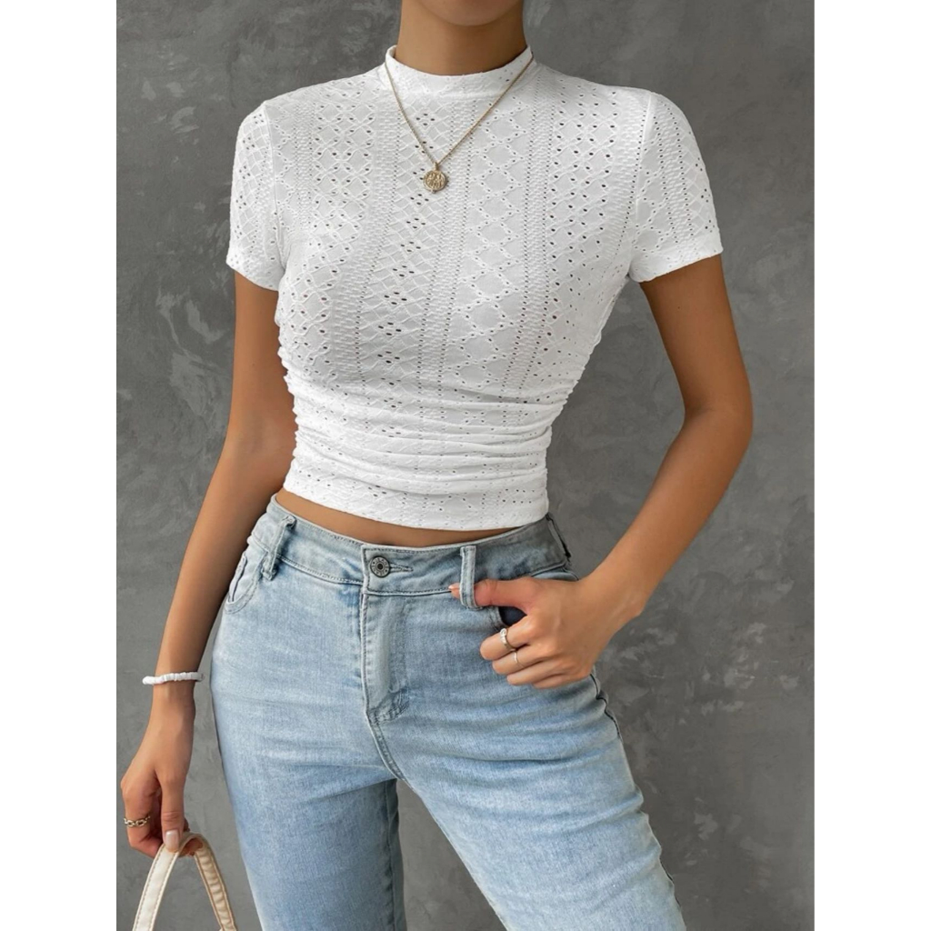 Angelcity Round Neck Solid Eyelet Embroidery Garter In Edge Crop Top ...