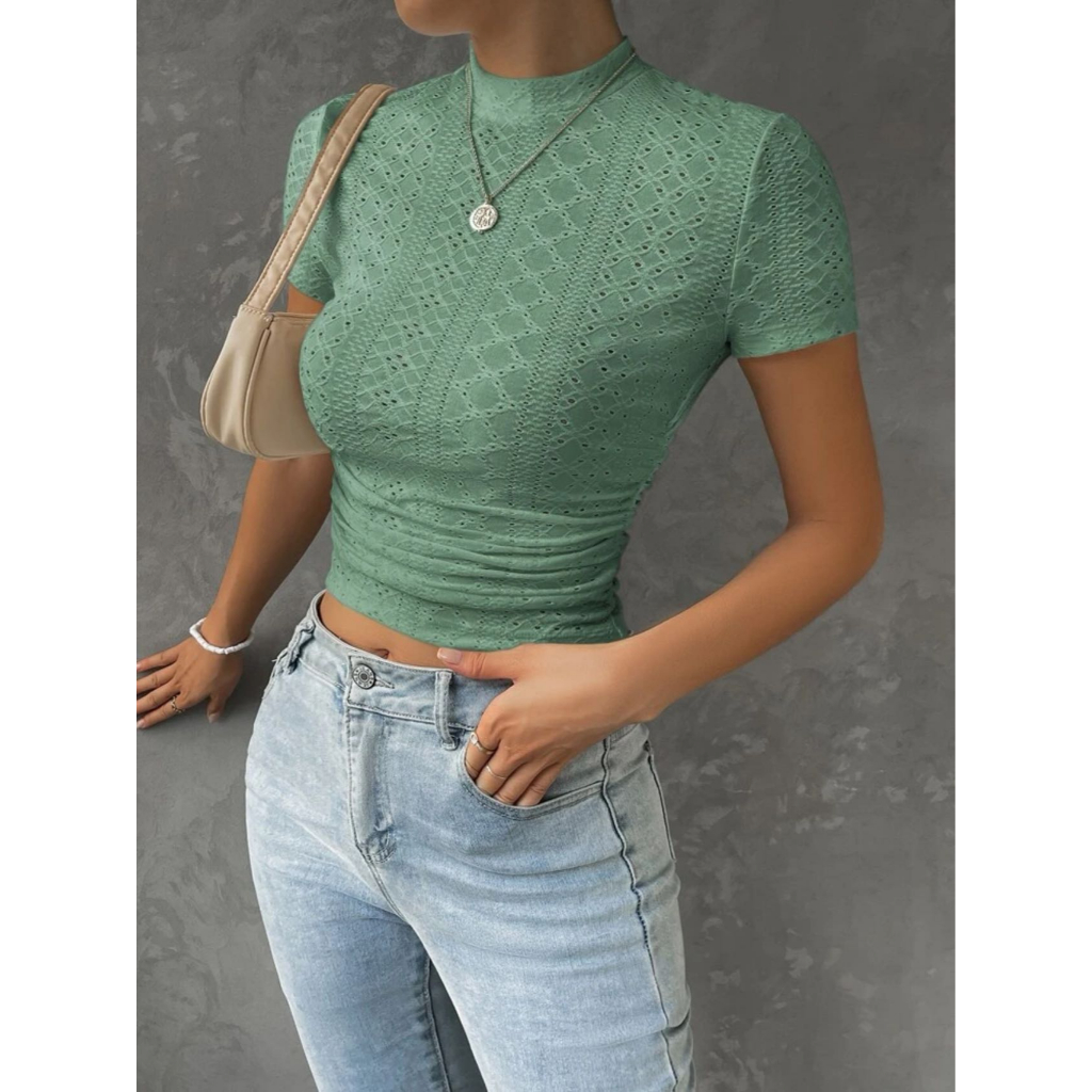 Angelcity Round Neck Solid Eyelet Embroidery Garter In Edge Crop Top ...