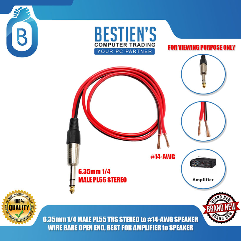 6.35mm 1/4 MALE PL55 TRS STEREO to #14-AWG SPEAKER WIRE BARE OPEN END ...