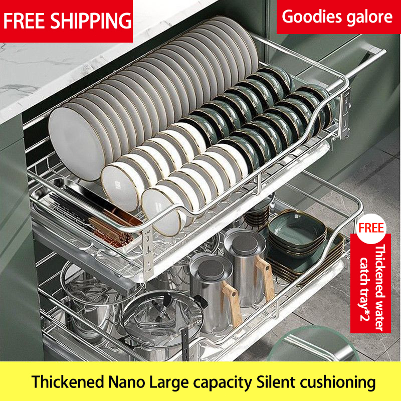 Dish kitchen organizer 2 in 1 Pull out Basket Tray Organizer 304 Thicken stainless Metal