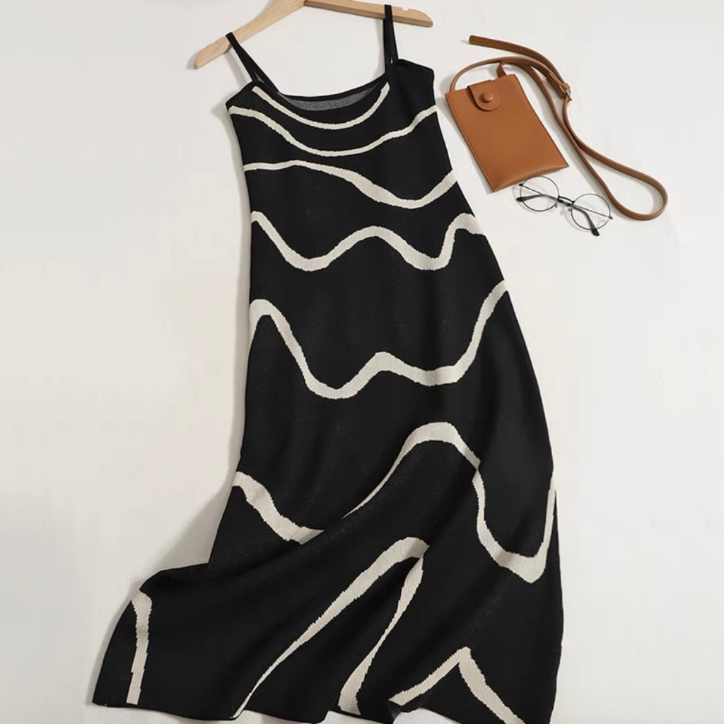 Melody Fashion Square Neck Wave Pattern Knitted Cami Dress M1078