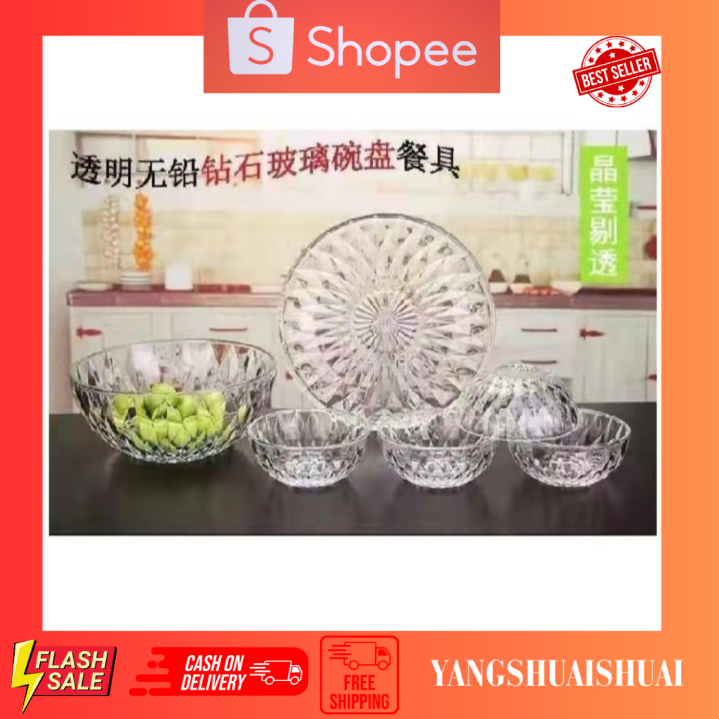 GLASSWARE SIX IN ONE SET FRUIT PLATE/FRUIT BOWL TRANSPARENT DIAMOND