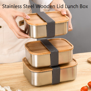 SC 304 Stainless Steel Lunch Box Wooden Lid Japanese Style Food