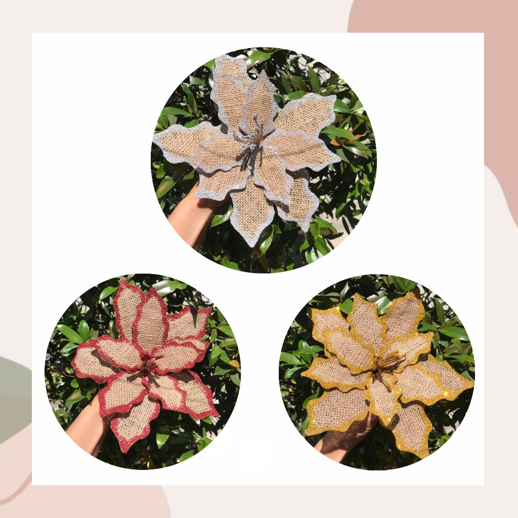 Poinsettia Christmas Tree Flower Decoration Burlap Glitters Christmas