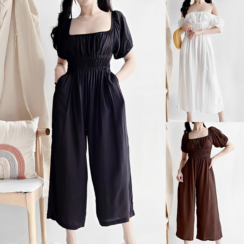 KILY.PH Puff Sleeve Jumpsuit Wide Leg Pants with Two Pocket Wide Leg ...