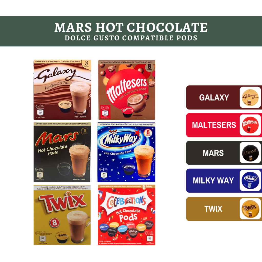 Nescafe Dolce Gusto Compatible Hot Chocolate Pods - Twix, Mars, Galaxy,  Maltesers, Milky Way Capsule