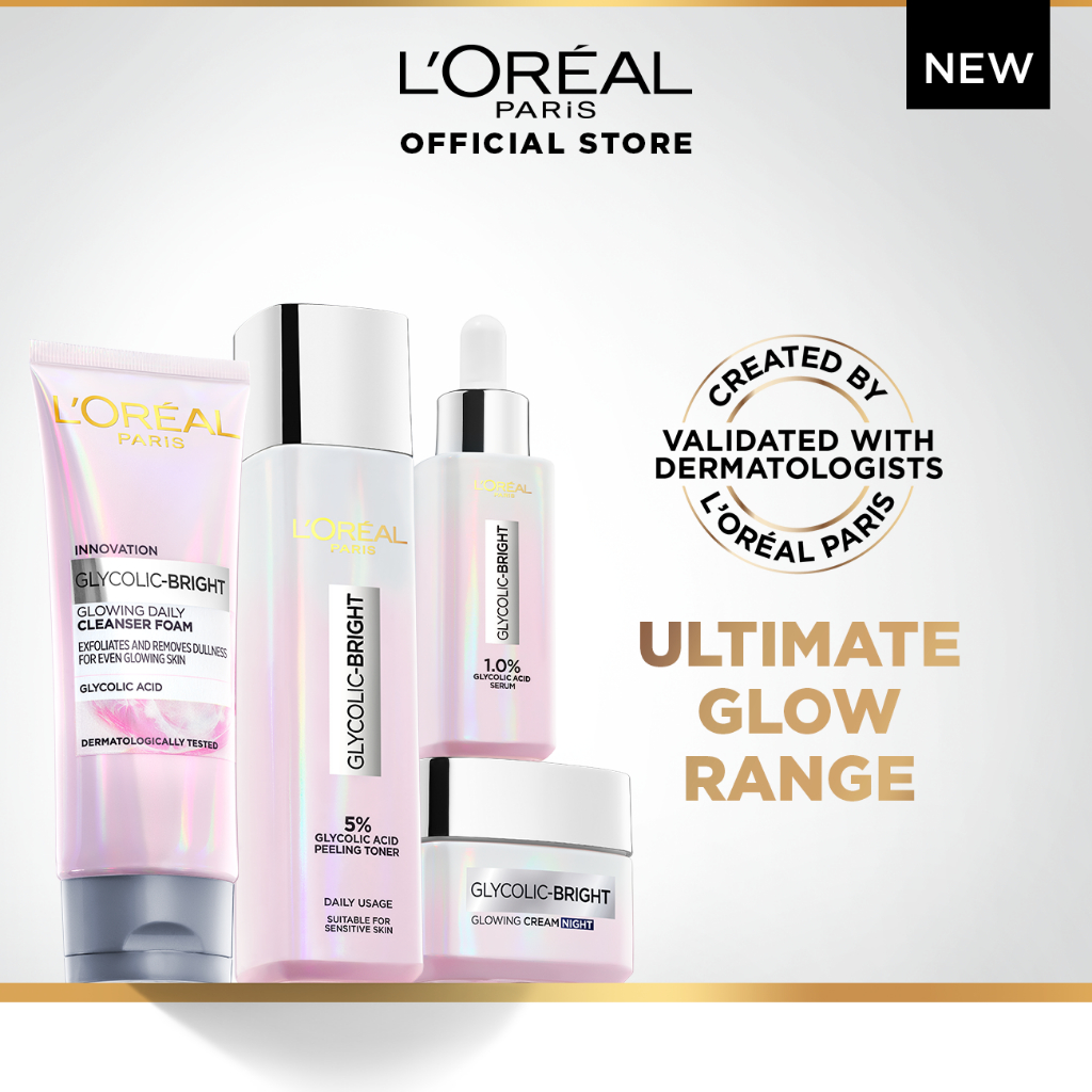 LOreal Paris Glycolic Bright Glow Set: Cleanser 100mL, Toner 128mL ...