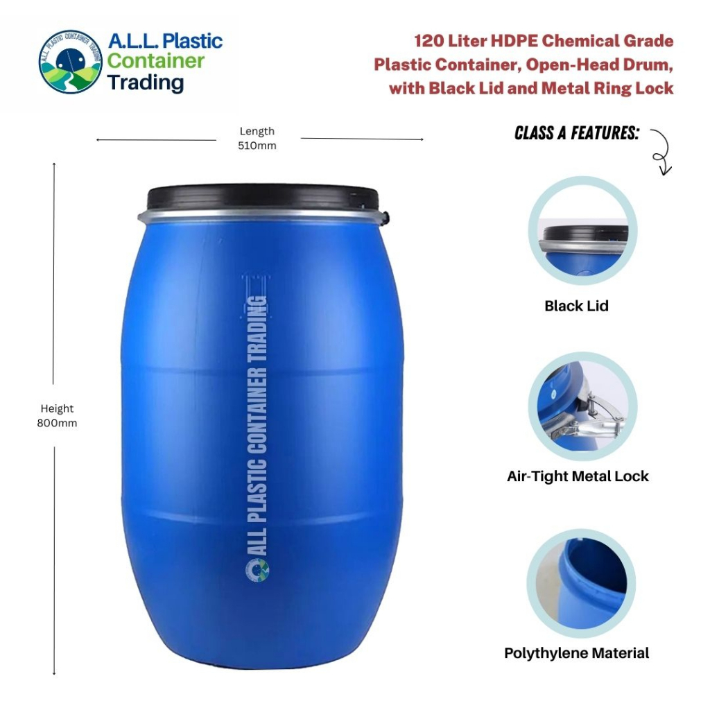120 Liter Blue Plastic Container Drum, OpenHead with Lid and Ring Lock