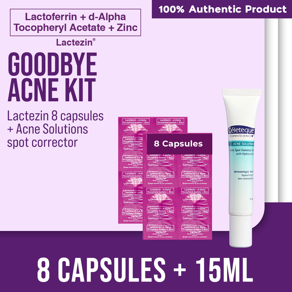 Goodbye Acne Kit (Lactezin 100mg AntiAcne 8 capsules + Celeteque Acne