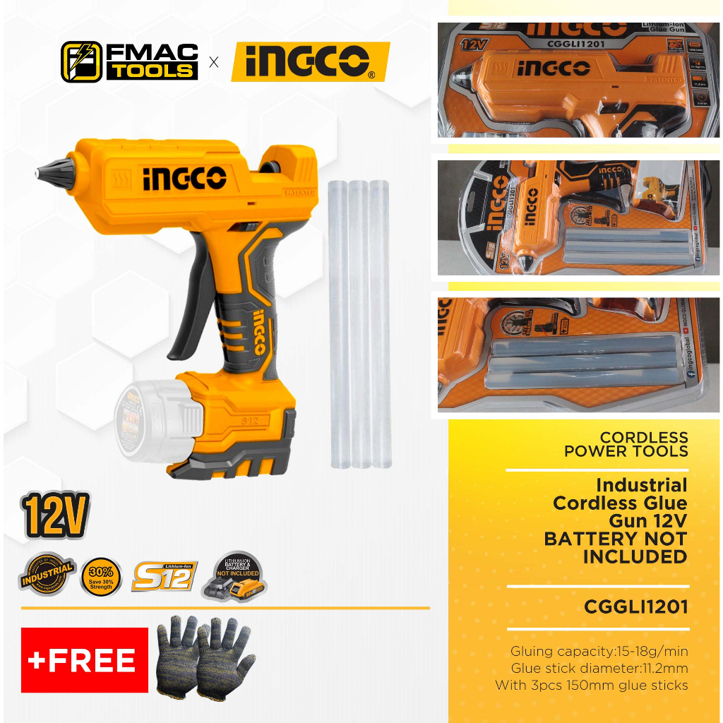 INGCO Industrial Cordless Glue Gun 12V CGGLI1201 NO BATTERY + FREEBIES FMAC TOOLS Shopee