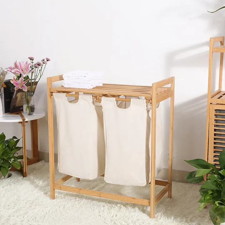 Bamboo Laundry Hamper 2sectional Pullout Laundry Basket Wooden