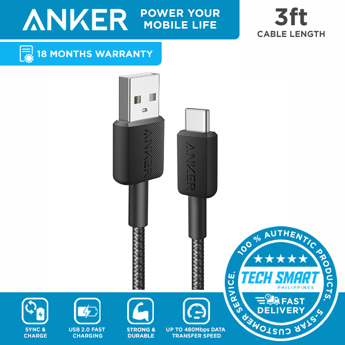 Anker 322 PowerLine USBA to USBC Braided Nylon Cable 3ft/0.9m USB 2.0 Fast Charging for USBC