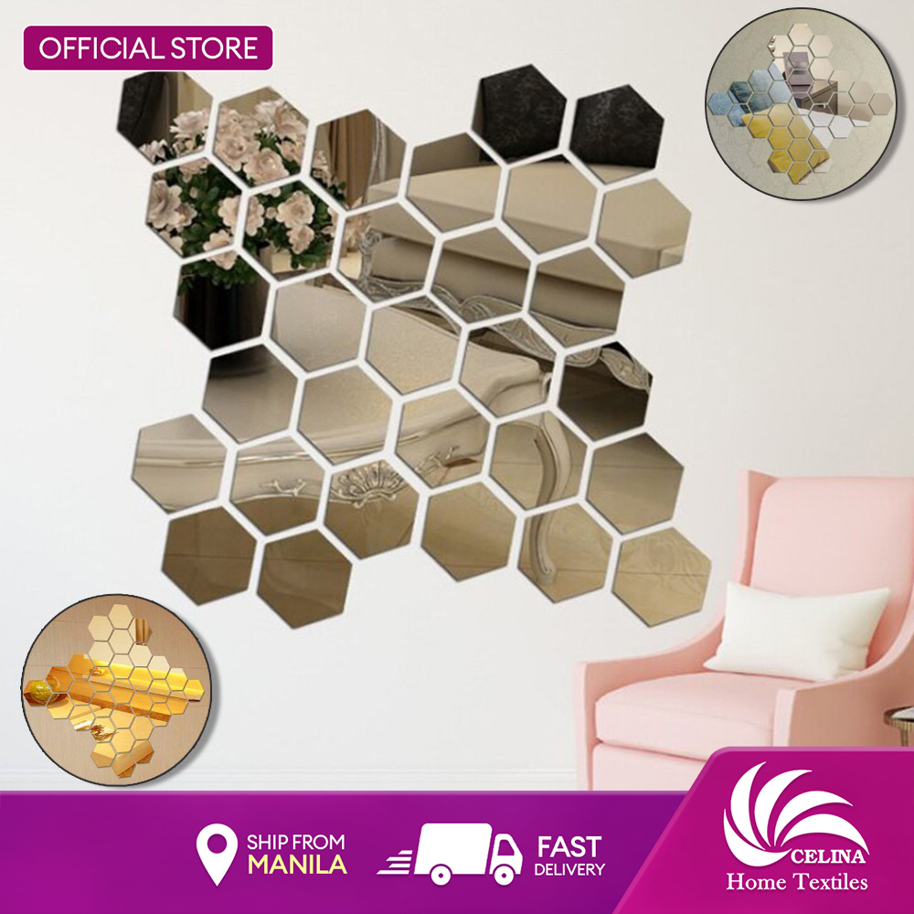 Celina 12 pcs Hexagon Acrylic Mirror Wall Stickers Home Decoration