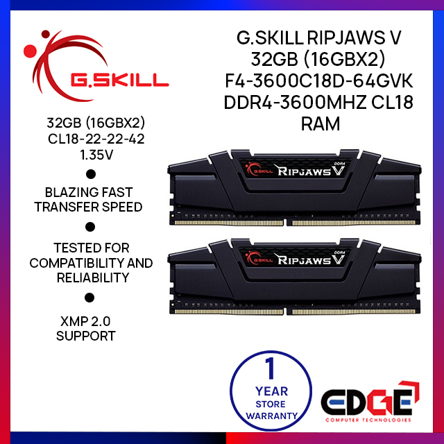 EDGE | GSKILL Ripjaws V 32GB (16GBx2) DDR4 3600MHz RAM, F4-3600C18D ...
