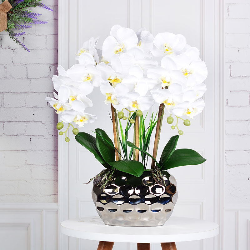 Artificial Orchid with Silver Vase White Orchid Artificial Flowers Silk Orchids Faux Orchid