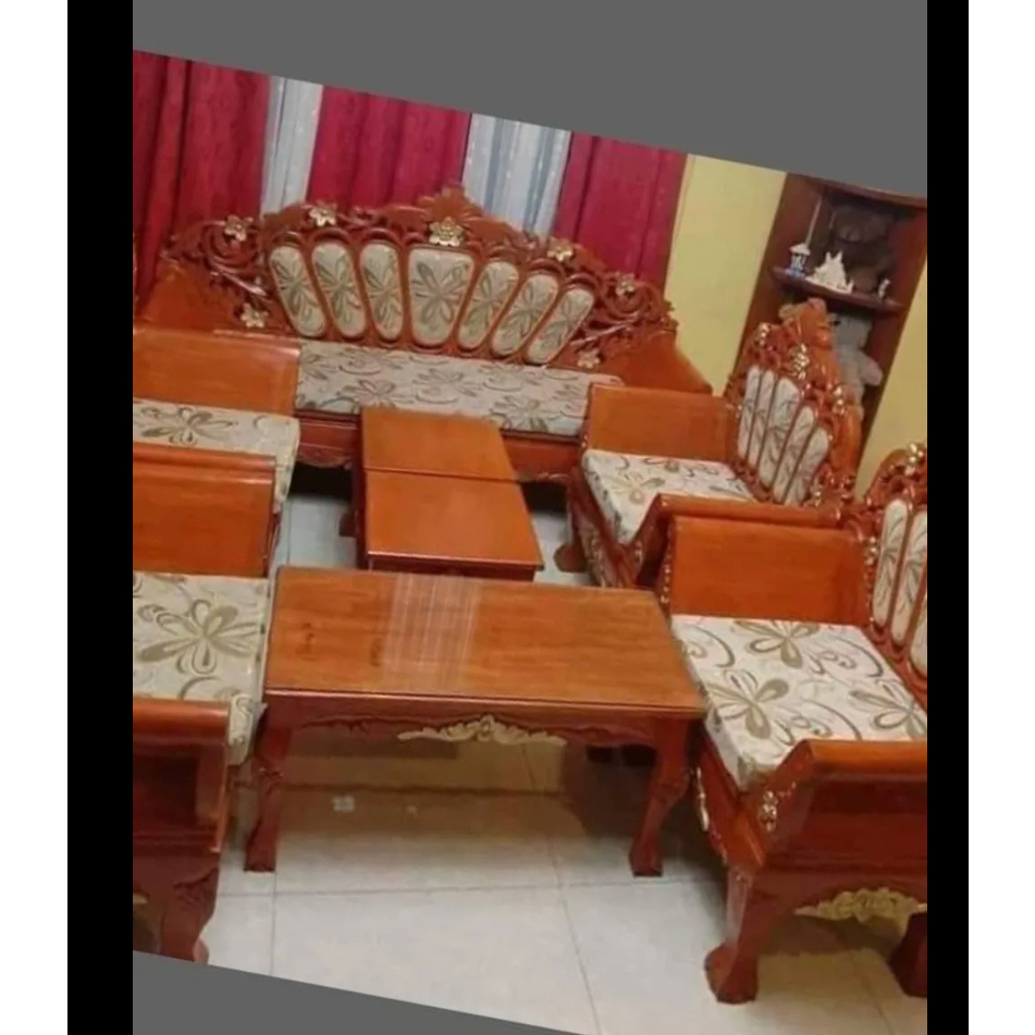 wooden sala set, pull set, with top glass center table, made in gmelina wood Shopee Philippines