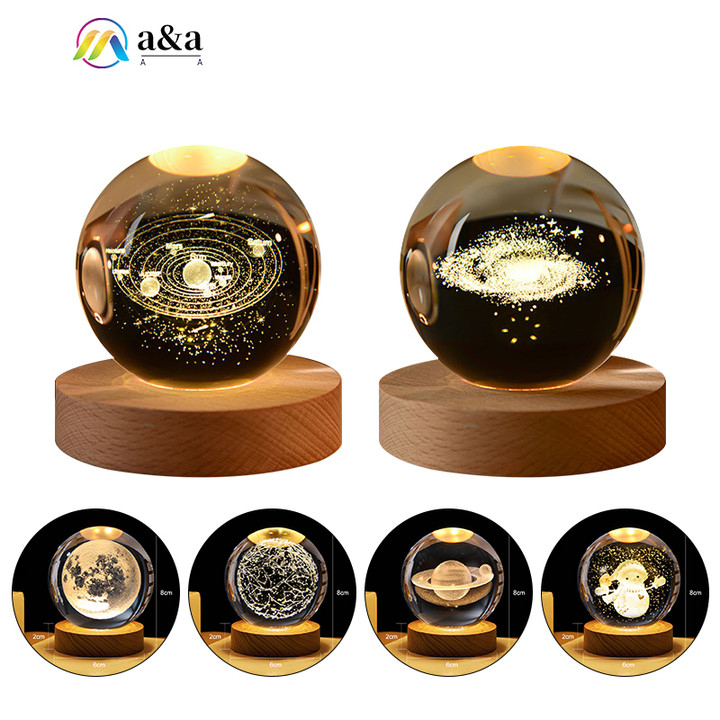 3D lamp crystal ball night light table lamp USB light with wooden LED