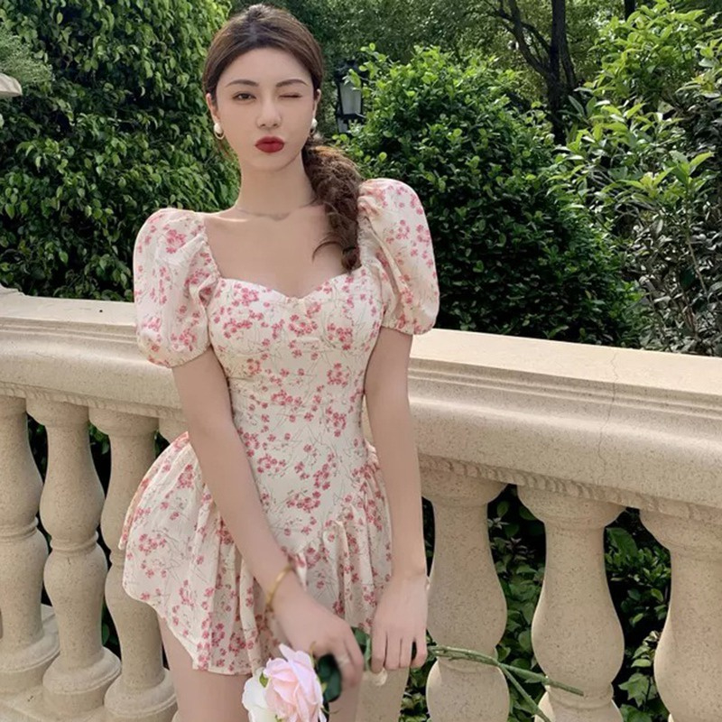 Pink Floral puff dress 2023 Square Neck Sexy Pink Dress Korean A Line ...