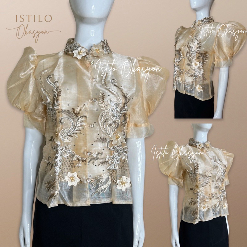 Modern Filipiniana Pop Sleeves Chinese Collar Blouse with Aplique Laces