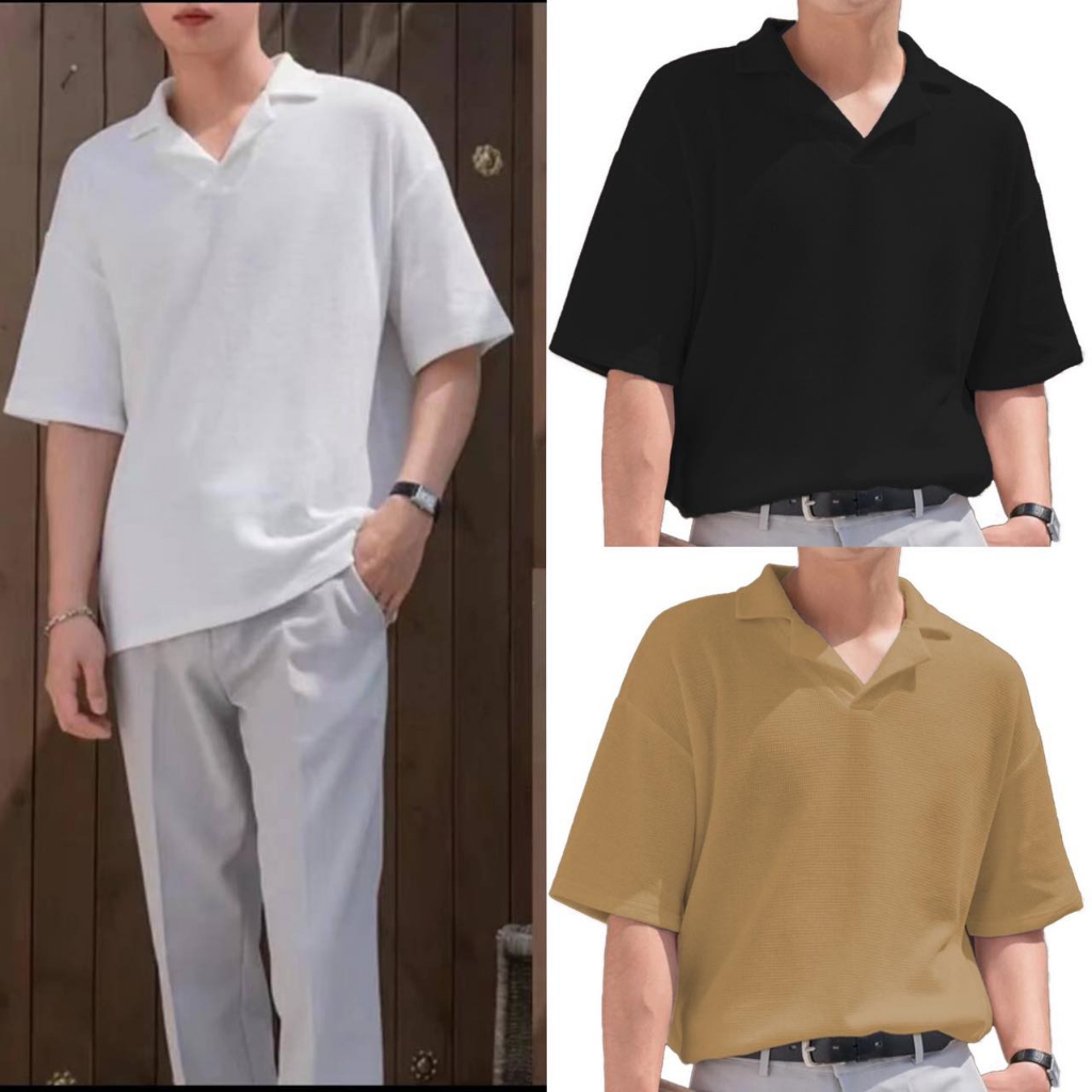 EMILY Men Solid Drop Shoulder Waffle Knit Polo Shirt Oversized 20197 ...