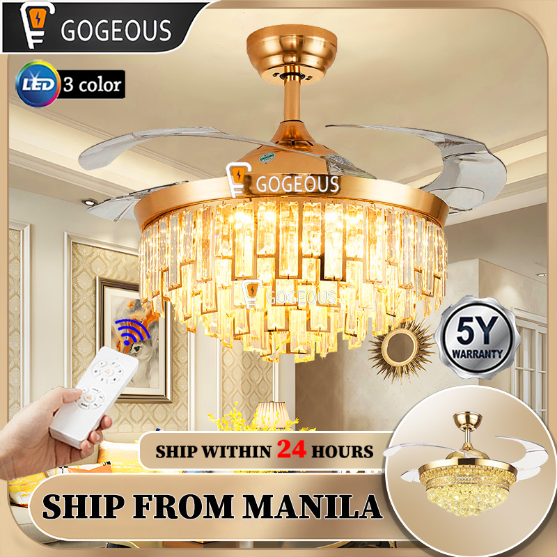GOGEOUS Ceiling Light With Fan 42inch Crystal Chandelier Inverter Fan